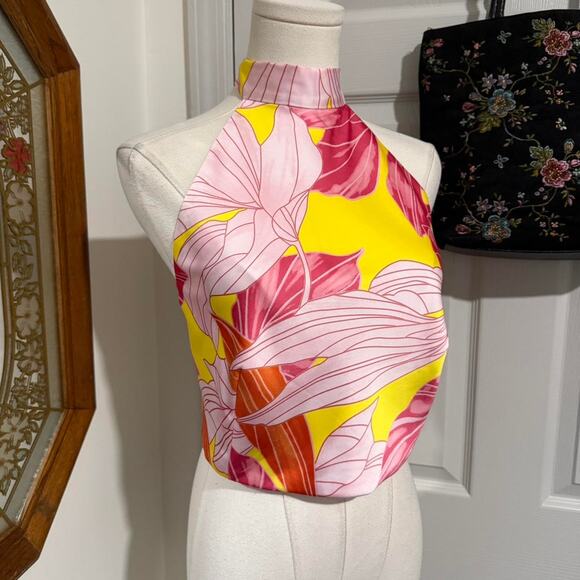 NWT Sigrid Olsen Pink & Yellow Satin Sleeveless Tie Back Cropped Halter Top S - Picture 2 of 7